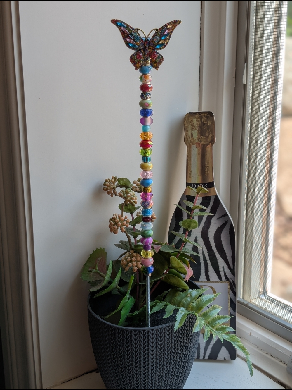 Hand Made Beaded Fairy Wand/Plant/Garden Stake W/Crystal Butterfly Topper 🦋
